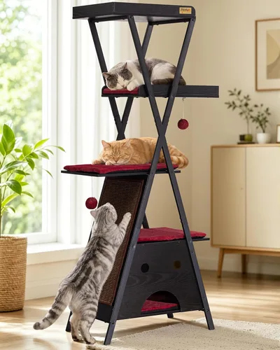 Moderno árbol de madera para gatos de interior grande y adulto, 67 pulgadas de alto, varios niveles, resistente, condominio, muebles con cuevas,