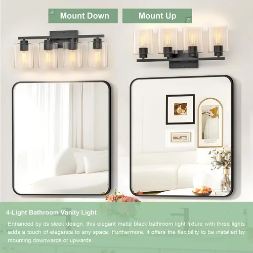 Miniatura 4 de Honesorn Lámparas de baño de 4 luces, luz de tocador de baño, color negro mate, accesorios de iluminación modernos con pantalla de vidrio