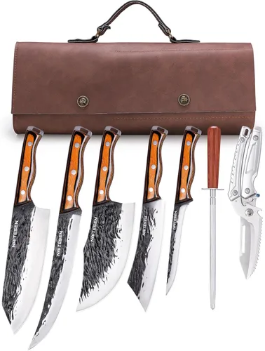 Miniatura 8 de Naitesen 4 piezas de cuchillo de carnicero forjado a mano y cuchillo de cocina 2 en 1, juego de cuchillo de chef serbio resistente para carne