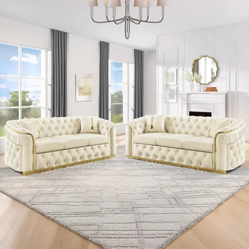 Miniatura 11 de KEIKI Sofá Chesterfield de terciopelo de lujo de gran tamaño de 81 pulgadas con decoración de acero inoxidable dorado, sofá de 3 plazas