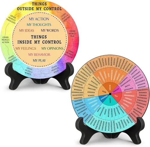 Miniatura 10 de 2 piezas de decoración de escritorio de terapia de rueda de sentimientos, cosas que puedo controlar, gráfico doble cara de emociones de salud mental