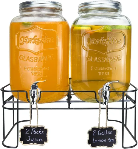 Miniatura 7 de Despachador de bebidas de vidrio de 1 galón para fiestas, paquete de 2, dispensador de jugo, limonada, té helado y agua con soporte, dispensadores