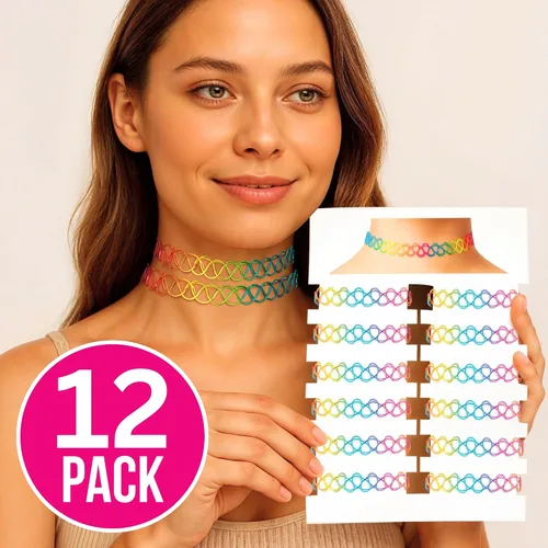 Miniatura 41 de BodyJ4You Juego de 12 gargantillas elásticas estilo tatuaje, accesorios y joyería de los años 90 y 2000, rosado, azul, verde, colorido, arcoíris