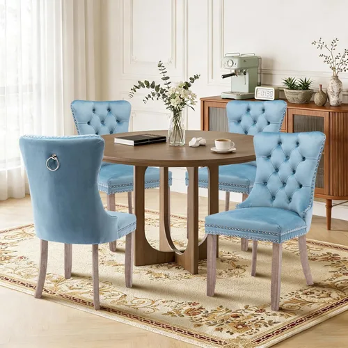Miniatura 56 de Juego de 4 sillas de comedor de terciopelo, sillas de comedor tapizadas con ribete de cabeza de clavo y patas de madera maciza para cocina