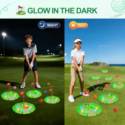 Miniatura 5 de TERRAMUS Juego de golf iluminado - Juego de golf para niños actualizado con 6 objetivos LED, 2 palos, 6 pelotas (2 brillan), juguetes de golf Green