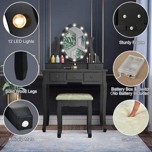 Miniatura 2 de AUGESTER - Juego de tocador de maquillaje iluminado, juego de tocador con 12 luces, espejo ovalado giratorio de 360°, 5 cajones deslizantes