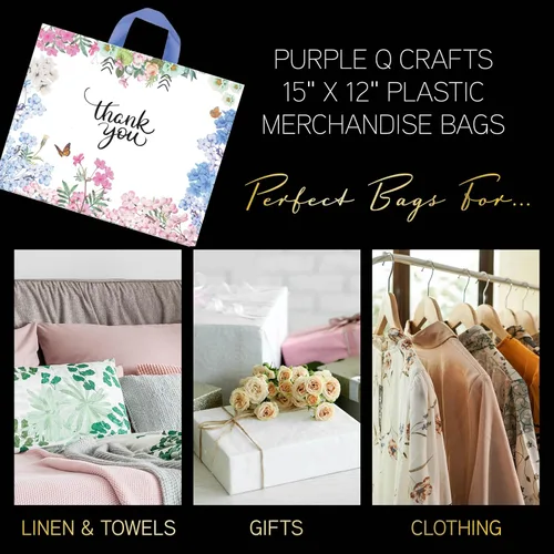 Miniatura 4 de Purple Q Crafts Bolsas de agradecimiento con asa de bucle suave para negocios minoristas, paquete de 50 bolsas de plástico floral de 15 pulgadas