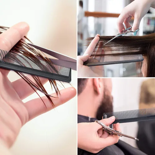 Miniatura 5 de Leinuosen Paquete de 3 peines de pelo de dientes finos y anchos, peine profesional de corte de fibra de barbero de carbono negro, herramienta