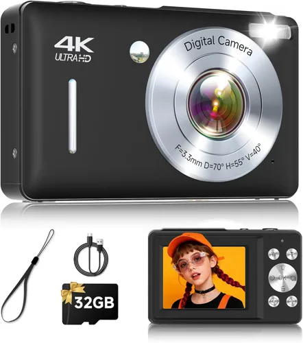 Cámara digital, 44MP FHD 1080P apunta y dispara, cámara digital con antivibración, pequeña cámara digital con detección facial, tarjeta SD de 32 GB,