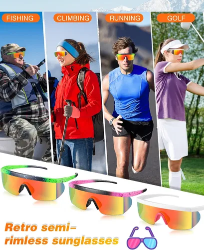 Miniatura 5 de Fabbay 3 pares de lentes de sol de neón retro espejados de los años 80 y 90 s semi sin montura de lentes de sol de colores para deportes hombres