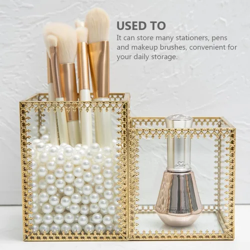 Miniatura 4 de ULTECHNOVO Two-compartment Glass Makeup Brush Holder Cosmetic Storage Organizer with Lace Design for Vanity Desk and Jewelry Display