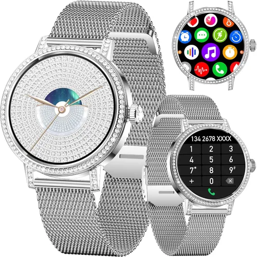 Miniatura 10 de Relojes inteligentes para mujer con llamadas Bluetooth de diamantes, reloj inteligente con pantalla HD de 1.27 pulgadas, rastreador de actividad