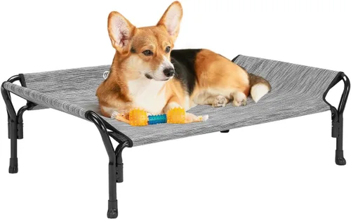 Miniatura 23 de Veehoo Cama elevada refrescante para perros, cuna elevada XL para mascotas con barandilla y reposacabezas inclinado, malla Teslin transpirable Gris