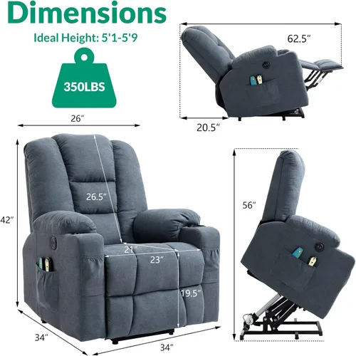 Miniatura 2 de VIVIJASON Silla reclinable eléctrica para personas mayores con calefacción por vibración, masaje de tela suave, con 2 controles remotos, puertos Azul