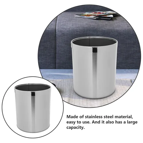 Miniatura 9 de Cabilock Cubo de basura redondo de acero inoxidable con anillo, contenedor de basura con parte superior abierta, contenedor de basura para el hogar