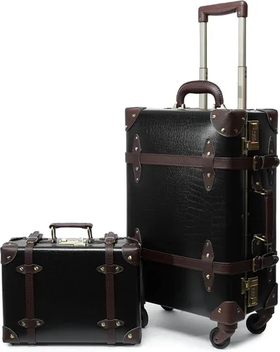 urecity Juego de 2 maletas vintage, maleta retro con ruedas para hombres y mujeres, lindo juego de equipaje de viaje de diseñador con bolsa de