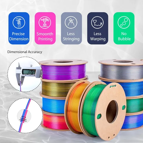 Miniatura 3 de Paquete de filamento para impresora 3D, filamento PLA sedoso de 4/64 pulgadas (1.75 mm), compatible con la mayoría de impresoras FDM, 10 carretes