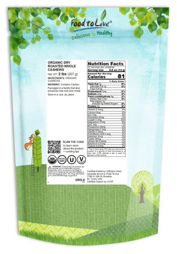 Miniatura 2 de Food to Live Anacardos enteros tostados orgánicos en seco, 2 libras sin OMG, sin sal, nueces tostadas al horno, sin aceite añadido, kosher, vegano