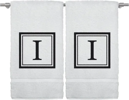 Miniatura 57 de Juego de 2 toallas de mano con monograma, 16 x 30 pulgadas, regalo personalizado, letra blanca bordada con diseño cuadrado sobre toalla negra, extra