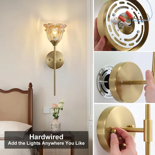 Miniatura 5 de Paquete de 2 apliques de pared dorados con modernas pantallas de vidrio ámbar, accesorios modernos de luz de pared de tocador de baño de mediados