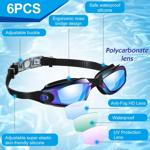 Miniatura 2 de Flutesan Paquete de 6 gafas de natación para adultos, antiniebla, con tapones para los oídos, clip para la nariz, sin fugas, protección completa