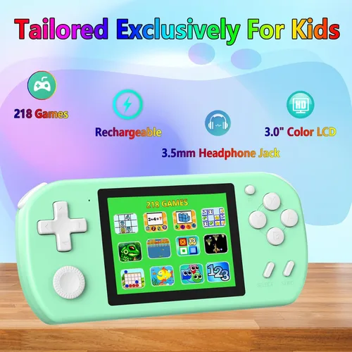 Miniatura 2 de Juegos de Mano para Niños con 218 Juegos de Video Integrados, Juguetes de Viaje Portátiles para Niños de 4 a 13 Años con Batería Recargable, Cian