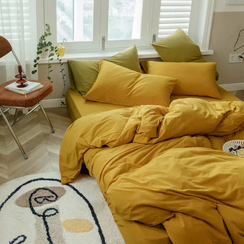 Miniatura 5 de VM VOUGEMARKET - Juego de funda de edredón de algodón de punto jersey de tamaño queen, juego de ropa de cama de algodón de color amarillo, Jersey-oro