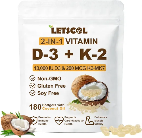Suplemento de vitamina D3 K2 2 en 1 Softgel, vitamina D3 10000 UI y vitamina K2 200 mcg, K2 MK7 con suplemento de vitamina D3 que apoya la salud