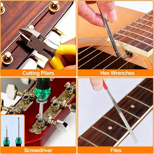Miniatura 4 de Kit de herramientas de guitarra, kit de reparación de guitarra profesional de 119 piezas, kit de mantenimiento de guitarra con accesorios