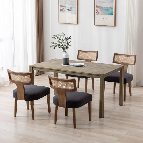 Miniatura 10 de BESTANO Juego de 2 sillas de comedor de ratán, modernas sillas de comedor de madera negra de mediados de siglo, sillas de comedor tapizadas de tela