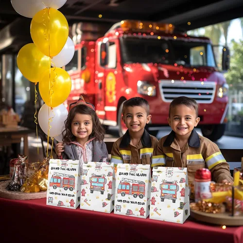 Miniatura 6 de Bolsas de Recuerdos de Fiesta de Camión de Bomberos de Acuarela - 24 Piezas Bolsas de Dulces de Fiesta de Camión de Bomberos con Calcomanías