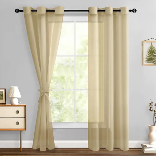 Miniatura 156 de Hiasan - Cortinas traslúcidas de gasa cortas semitransparentes con ojales y alzapaños filtrantes de luz para ventana, dormitorio, baño, 2 paneles