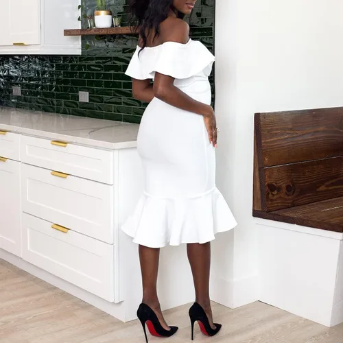 Miniatura 3 de Vestido de maternidad con volantes y hombros descubiertos para baby shower, manga corta, vestido de embarazo formal de sirena para mujer