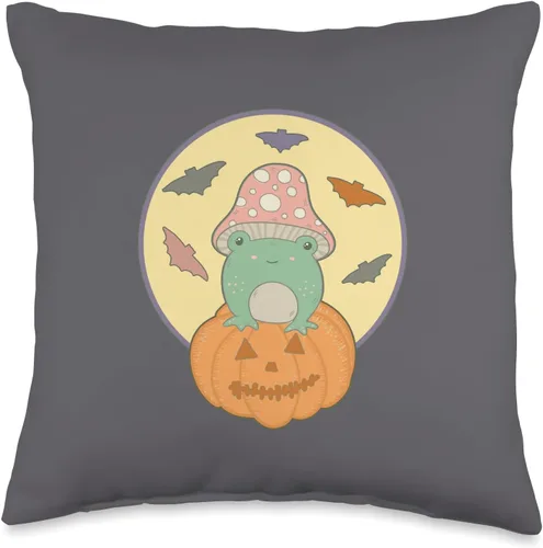 Halloween Frog With Bats by GB Cute Frog Full Moon Bats Pumpkin Cottagecore Haloween Gray Throw Pillow, 16x16, Multicolor