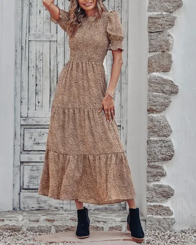Miniatura 173 de BTFBM Vestidos para mujer, cuello redondo, casual, de verano, con volantes, manga corta, bohemio, con niveles, fruncido, largo, con estampado floral