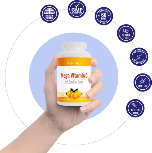 Miniatura 5 de Nutri-Align Mega Vitamina C 120 cápsulas de vitamina C de alta resistencia de 1000 mg - VIT C y suplemento de zinc, hierro y cobre Suplementos