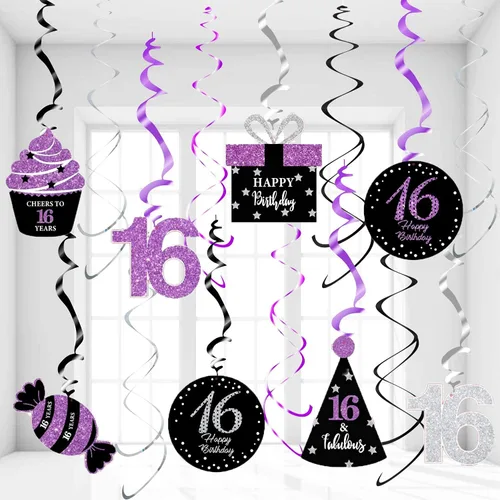 Decoraciones de cumpleaños de 16 años, morado, plateado, negro, para mujeres/niñas, decoraciones de fiesta de cumpleaños de 16 años, color morado,
