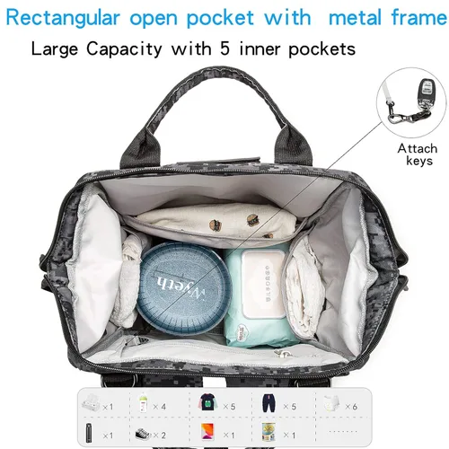 Miniatura 5 de Mochila para pañales con puerto de carga USB, correas para cochecito y bolsillo aislado, mochila militar del ejército de viaje para papá/mamá negro
