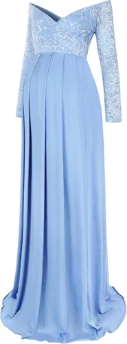 Molliya - Vestido largo de maternidad de encaje y hombros descubiertos Maxi vestido elegante elástico, para baby shower y sesión de fotografías