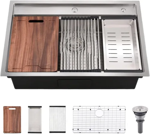 Miniatura 13 de Estación de trabajo de fregadero de cocina de 33 pulgadas - VOKIM 33 x 22 pulgadas, fregadero de cocina de montaje superior de 16 calibre, fregadero