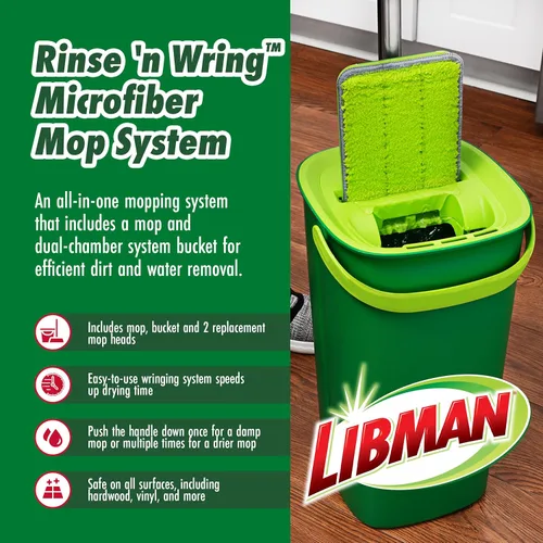 Miniatura 2 de Libman Sistema de fregona y cubeta Rinse 'n Wring, fregona de microfibra seca y húmeda para limpieza de pisos, madera dura, laminado, limpiador