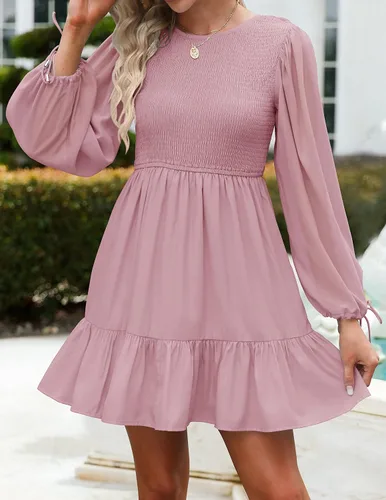 Miniatura 2 de ZESICA Women's 2024 Fall Dress Long Sleeve Smocked Casual Crew Neck Tiered Flowy Wedding Party Mini Dresses
