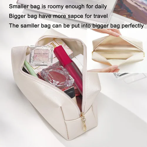 Miniatura 3 de Juego de 2 bolsas de cosméticos de piel sintética para mujer, bolsa de maquillaje minimalista para uso diario, bolsa de almacenamiento portátil