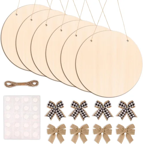 DIYDEC Paquete de 6 círculos de madera para manualidades, rebanadas de madera sin terminar de 14 pulgadas, colgante de puerta de madera en blanco,