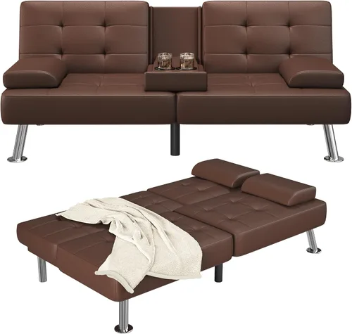 Miniatura 8 de Furmax Sofá Cama Futón Ajustable Sofá Cama Futón Sleeper para Sala de Estar, Oficina de Negocios, Sofás Reclinables con Portavasos (Cuero PU, Negro)