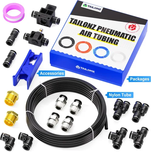 Miniatura 8 de TAILONZ PNEUMATIC Negro DOT 1/4 pulgadas de 32.8 ft 32.8ft Nylon Air Tubing Kit Tubería Manguera de tubería de línea de aire Tubería o transferencia