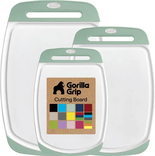 Miniatura 21 de GORILLA GRIP Juego de 3 tablas de cortar de cocina reversibles sin BPA, diseñadas en Estados Unidos, no porosas, ranuras para jugos, borde