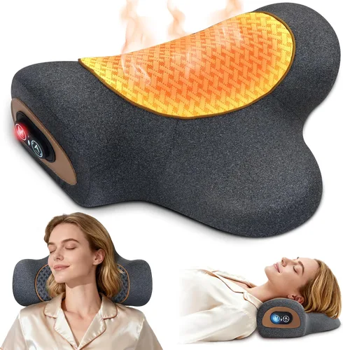 Almohada masajeadora de cuello recargable 3 en 1 con calor, vibración y tracción de aire, almohada térmica para el cuello, joroba, relajación Negro