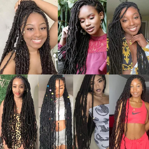 Miniatura 5 de Leeven - 6 paquetes de 21 mechones de cabello largo trenzado para mujer, trenzas de ganchillo sintético de cabello rizado desordenado estilo Rastas
