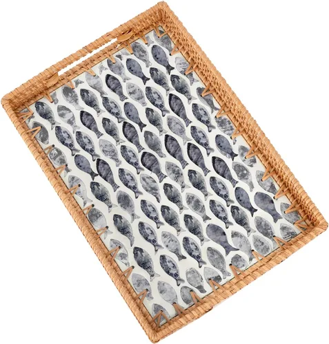Miniatura 20 de Bandeja rectangular de ratán con incrustaciones de madreperla, bandeja de ratán con asa para café, pan, frutas, aperitivos, bandeja decorativa